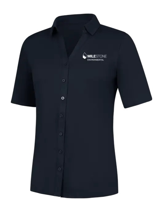 Womens Navy City Stretch Top w/Milestone Environmental Logo