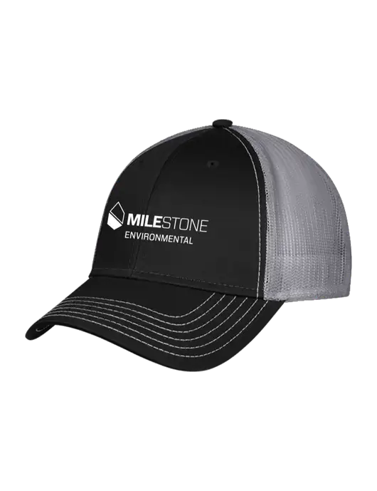 Black & Grey Mesh Trucker Cap Snap Back w/Milestone Environmental Logo
