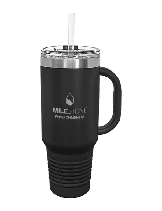 Polar Camel 40 oz. Powder Coated Vacuum Insulated Black Travel Mug with Straw w/Milestone Environmental Logo