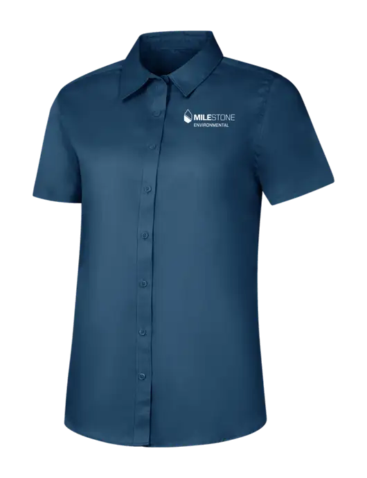 Womens Light Navy Short Sleeve Superpro React Twill Shirt w/Milestone Environmental Logo