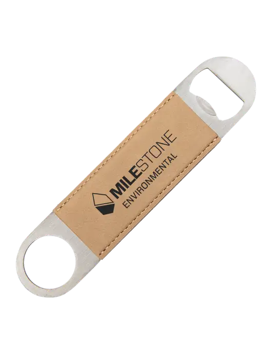 Tan Leatherette Bottle Opener w/Milestone Environmental Logo