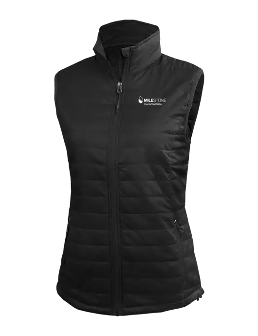 Womens Packable Black Puffy Vest w/Milestone Environmental Logo