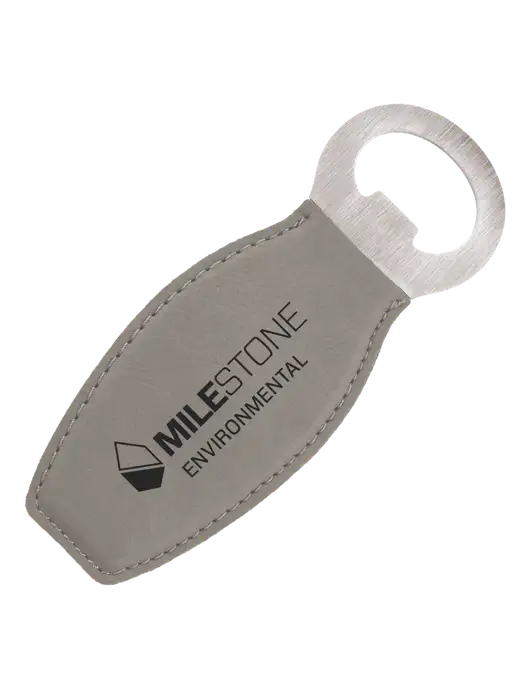 Grey Leatherette Bottle Opener with Magnet w/Milestone Environmental Logo