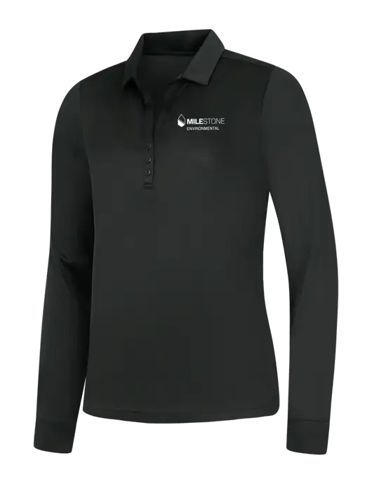 Womens Black Silk Touch Performance Long Sleeve Polo w/Milestone Environmental Logo