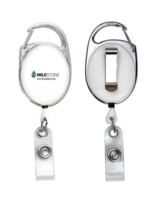 White Carabiner Style Badge Reel and Badge Holder w/Milestone Environmental Logo