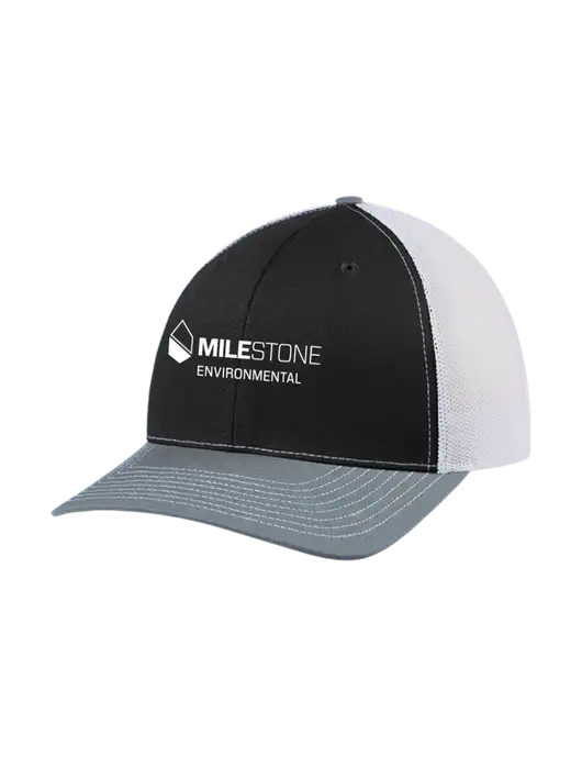 Richardson Adjustable Snapback Original 112 Trucker Cap Black/Light Heather Grey/White Mesh w/Milestone Environmental Logo