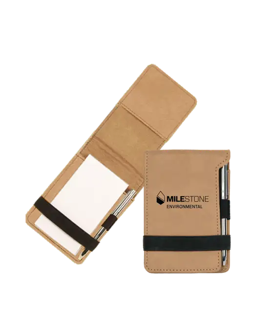 Tan Leatherette Mini Notepad with Pen,  3.25 x 4.75 w/Milestone Environmental Logo