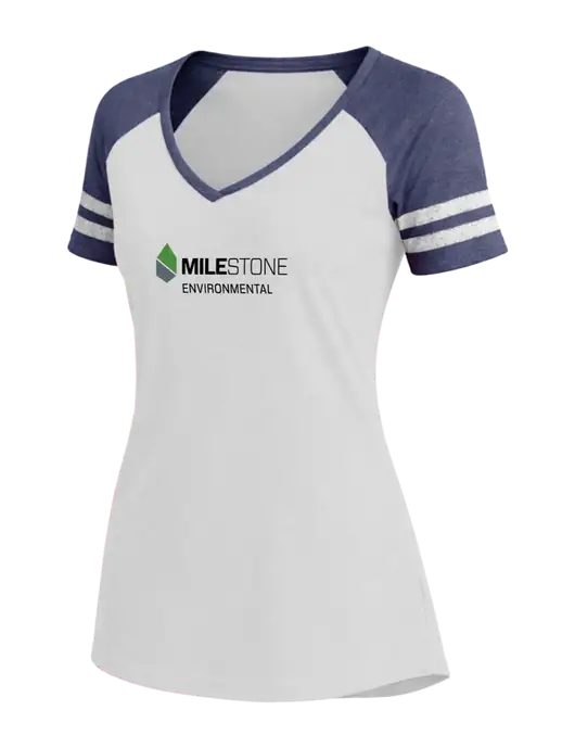 Womens White/Navy Heather V-Neck Game Tee w/Milestone Environmental Logo
