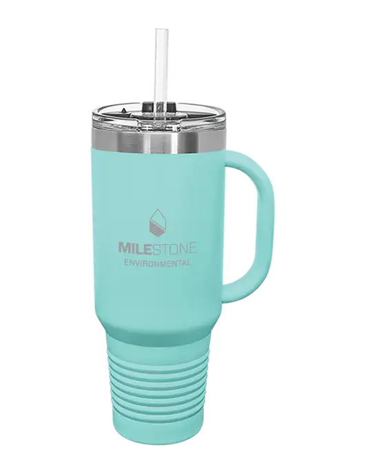Polar Camel 40 oz. Powder Coated Vacuum Insulated Seafoam Travel Mug with Straw w/Milestone Environmental Logo