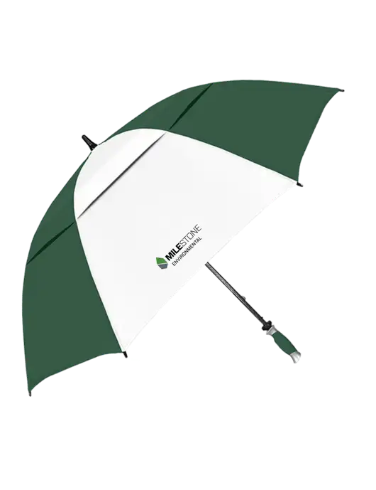 Dark Green/White Vented Typhoon Tamer Golf Umbrella w/Milestone Environmental Logo