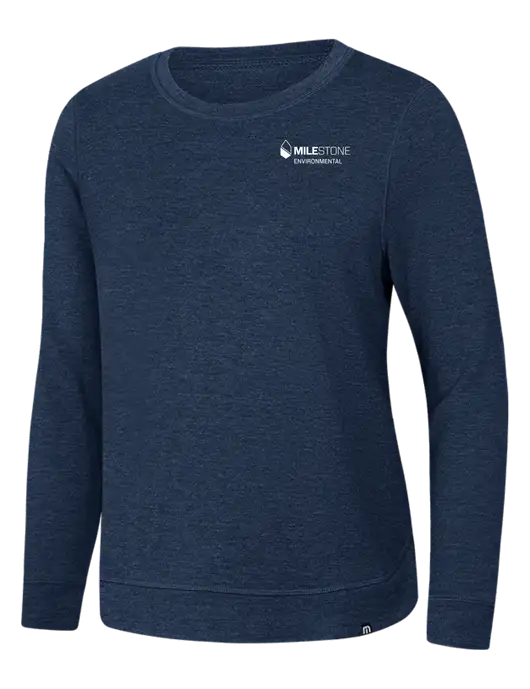 TravisMathew Womens Dark Slate Blue Heather Lightweight Long Weekend Crew w/Milestone Environmental Logo