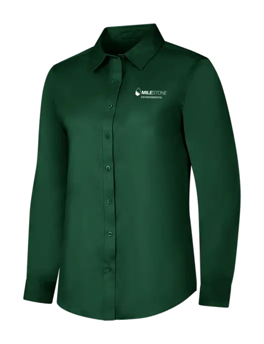 Dark Green Womens Long Sleeve Superpro React Twill Shirt w/Milestone Environmental Logo