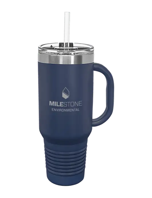 Polar Camel 40 oz. Powder Coated Vacuum Insulated Navy Travel Mug with Straw w/Milestone Environmental Logo