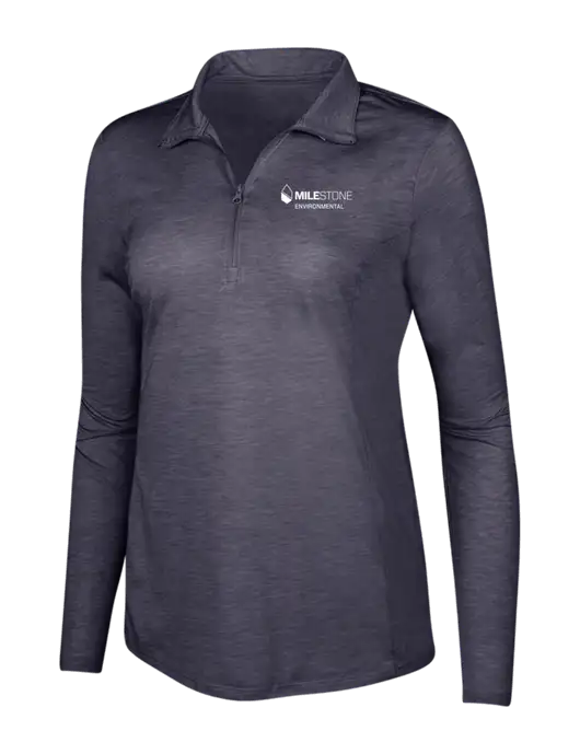 True Navy Heather Womens Posicharge Tri-Blend Wicking 1/4 Zip Pullover w/Milestone Environmental Logo