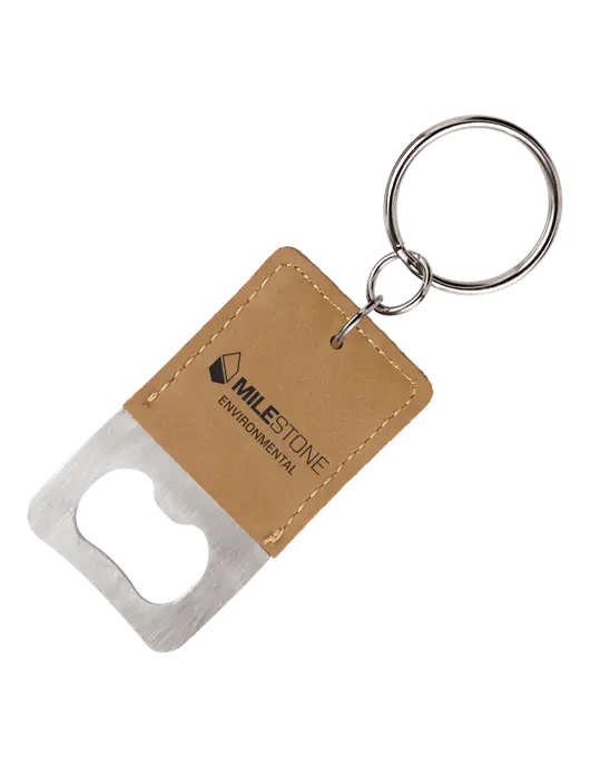 Tan Leatherette Rectangle Bottle Opener Keychain w/Milestone Environmental Logo