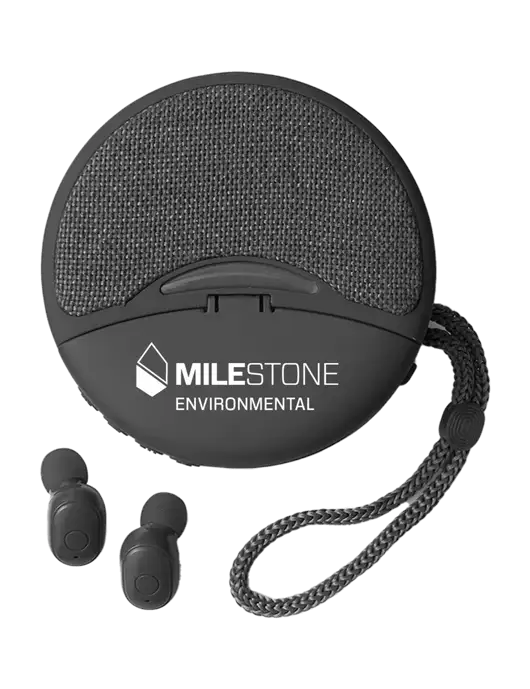 Duo Black Wireless Earbuds & Speaker w/Milestone Environmental Logo