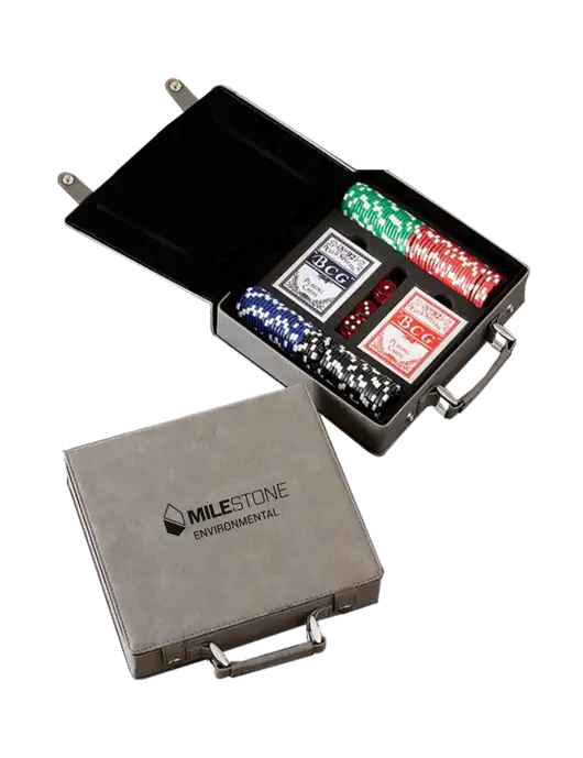 Grey Leatherette 100 Chip Poker Set w/Milestone Environmental Logo
