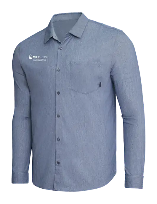 OGIO Slate Blue Heather Extend Long Sleeve Button Up Shirt w/Milestone Environmental Logo