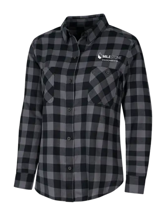Womens Medium Grey/Black Buffalo Check Plaid Flannel Shirt w/Milestone Environmental Logo