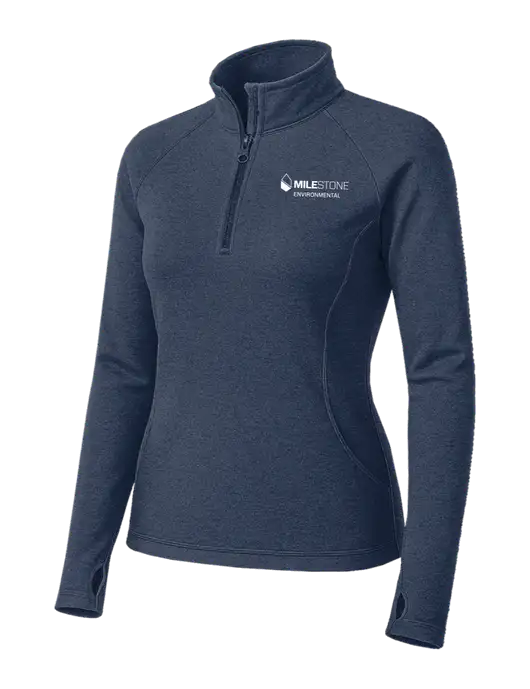 Navy Heather Womens Sport Wick Stretch 1/4 Zip Pullover w/Milestone Environmental Logo