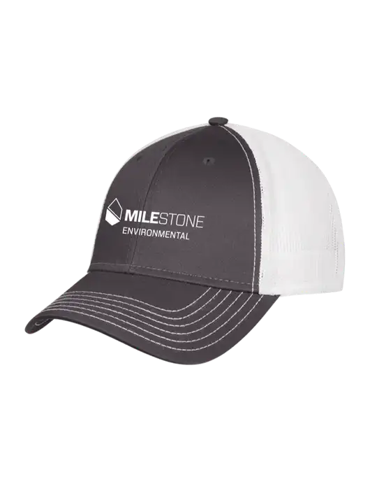 Dark Grey/White Mesh Trucker Cap Snap Back w/Milestone Environmental Logo