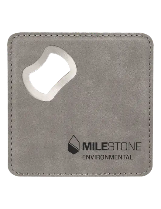 Grey Leatherette Coaster with Bottle Opener w/Milestone Environmental Logo