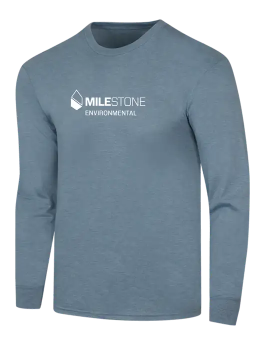 Simply Soft Long Sleeve Slate Blue Heather 4.5 oz, Poly/Combed Ring Spun Cotton T-Shirt w/Milestone Environmental Logo