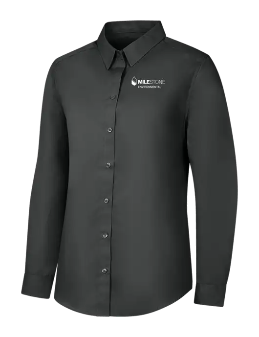 Womens Dark Grey Long Sleeve Carefree Poplin Shirt w/Milestone Environmental Logo