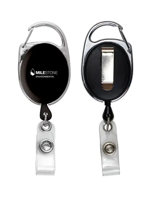 Black Carabiner Style Badge Reel and Badge Holder w/Milestone Environmental Logo