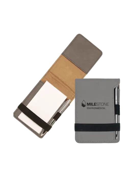 Grey Leatherette Mini Notepad with Pen,  3.25 x 4.75 w/Milestone Environmental Logo