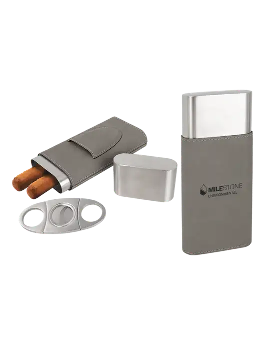 Grey Leatherette Cigar Case with Cutter w/Milestone Environmental Logo