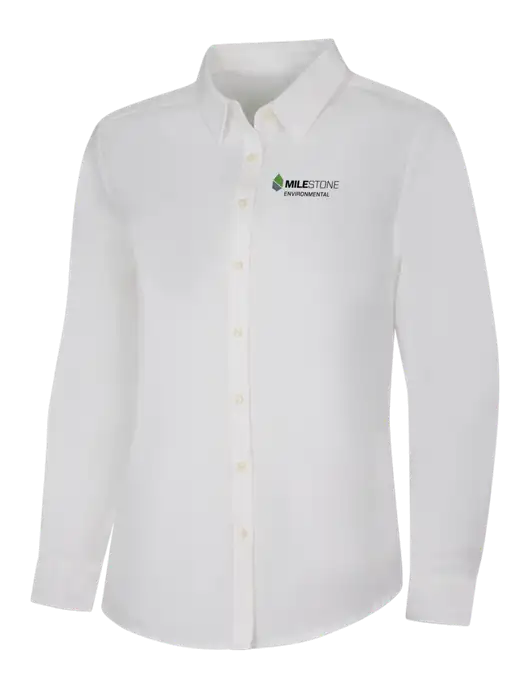 Womens White Long Sleeve Superpro React Twill Shirt w/Milestone Environmental Logo
