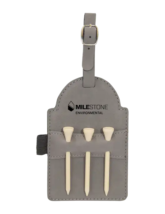 Grey Leatherette Golf Bag Tag with 3 Wooden Tees w/Milestone Environmental Logo