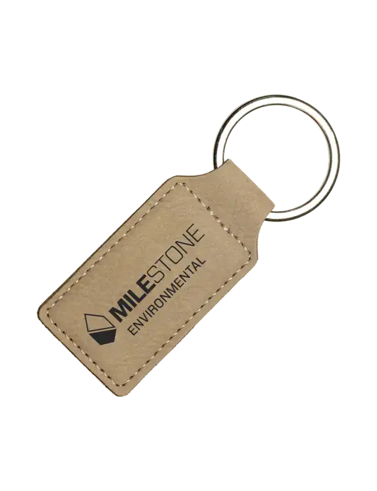 Tan Laserable Leatherette Rectangle Keychain w/Milestone Environmental Logo