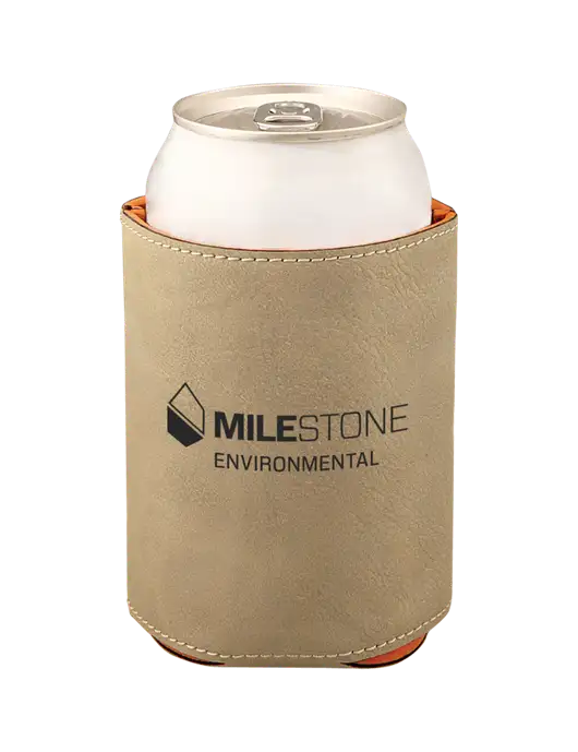 Tan Leatherette Beverage Holder w/Milestone Environmental Logo