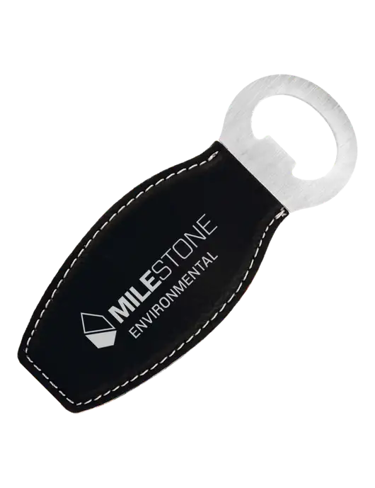 Black Leatherette Bottle Opener with Magnet w/Milestone Environmental Logo