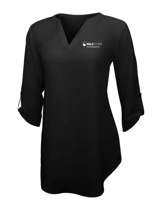 Womens Black 3/4 Sleeve Tunic Blouse w/Milestone Environmental Logo