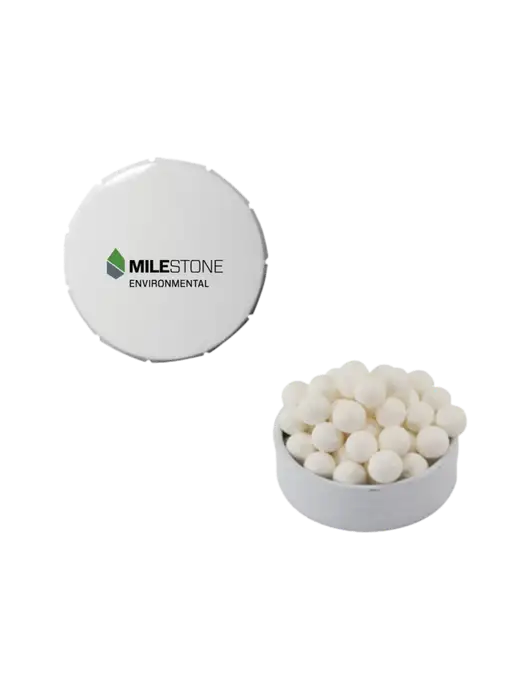 Signature Peppermints In White Snap Top Tin  w/Milestone Environmental Logo