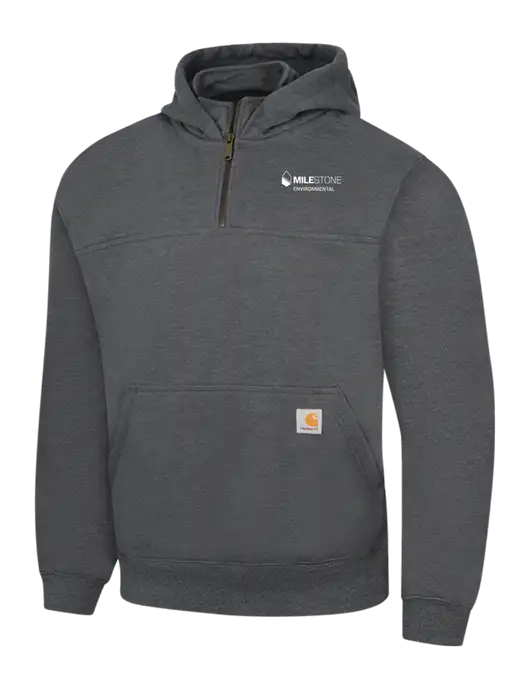 Carhartt Dark Grey Heather Rain Defender Paxton Heavyweight Hooded 1/4 Zip Mock Sweatshirt w/Milestone Environmental Logo