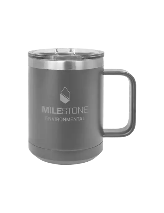 Polar Camel 15 oz Powder Coated Grey Vacuum Insulated Mug with Slider Lid w/Milestone Environmental Logo