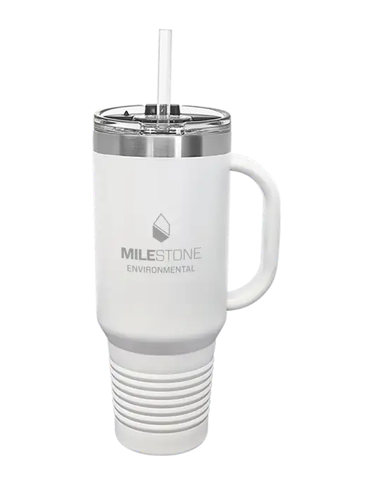 Polar Camel 40 oz. Powder Coated Vacuum Insulated White Travel Mug with Straw w/Milestone Environmental Logo