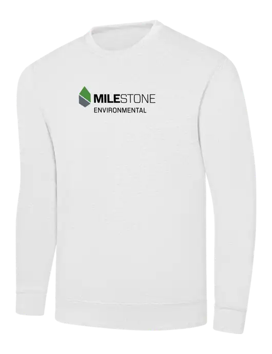 White 7.8 oz Ring Spun Crew Sweatshirt w/Milestone Environmental Logo