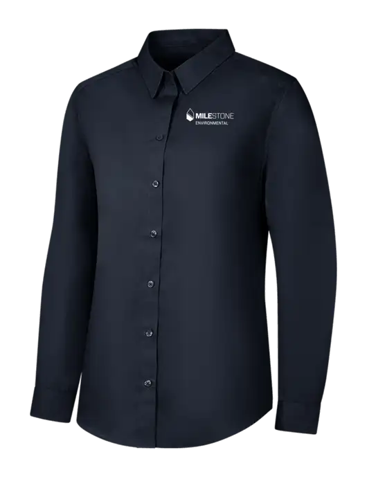 Womens River Blue Navy Long Sleeve Carefree Poplin Shirt w/Milestone Environmental Logo