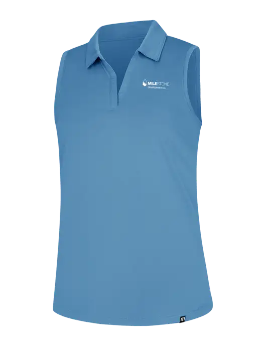 TravisMathew Womens Light Blue Heather Coto Performance Sleeveless Polo w/Milestone Environmental Logo