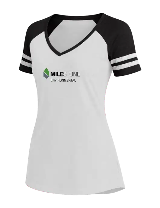 Womens White/Black V-Neck Game Tee w/Milestone Environmental Logo