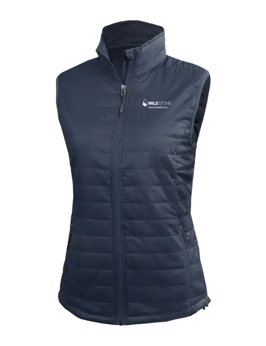 Womens Packable Navy Puffy Vest w/Milestone Environmental Logo