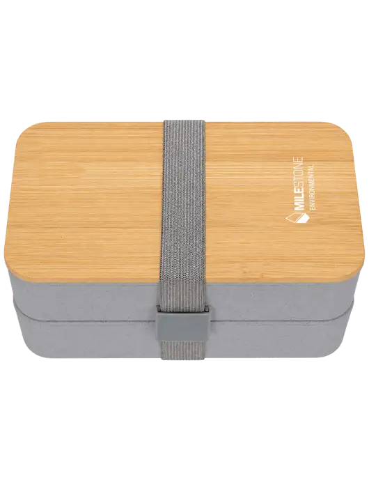 Double Decker Light Medium Grey Lunch Box w/Eco-Friendly FSC Bamboo Lid & Reusable Utensils w/Milestone Environmental Logo