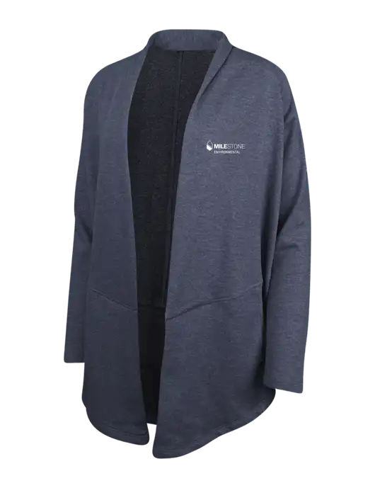Estate Blue Heather/Charcoal Heather Womens Interlock Cardigan w/Milestone Environmental Logo