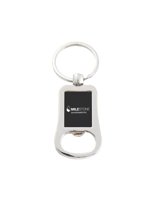 Silver & Black Bottle Opener Keychain w/Milestone Environmental Logo