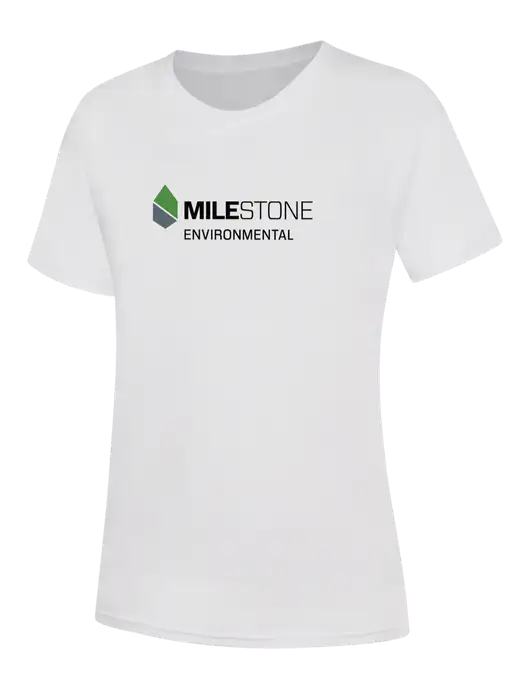 Womens White Core Blend Tee w/Milestone Environmental Logo